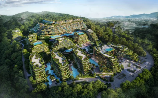 Воздушный вид террасного курорта с зелёными крышами и бассейнами