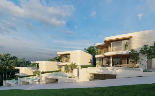 Внешний вид современной криволинейной белой виллы с бассейном