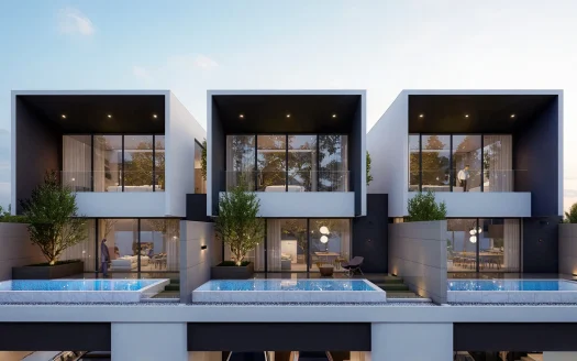 Три современных кубических дома с стеклянными фасадами и бассейнами на закате