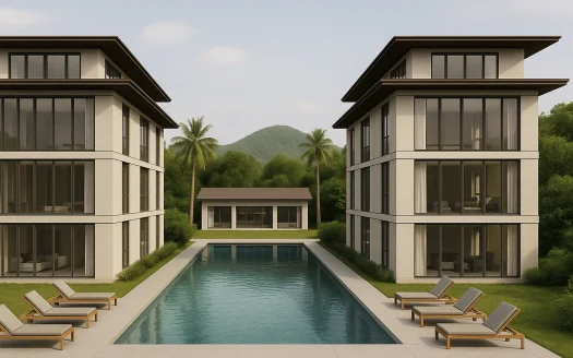 Два современных стеклянных здания по обе стороны бассейна