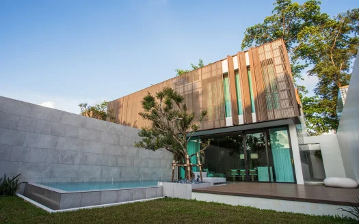 Современный дом с деревянной решетчатой фасадой и стеклянными дверями