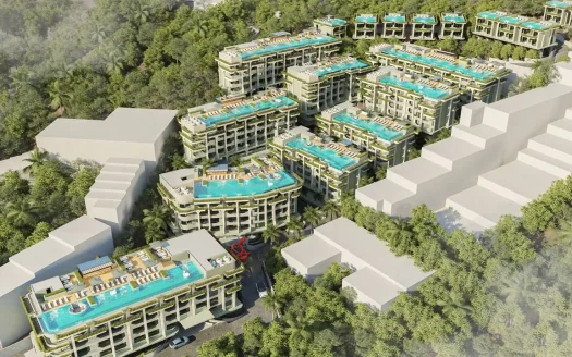 Аэрофото террасного курортного комплекса с бассейнами на крышах