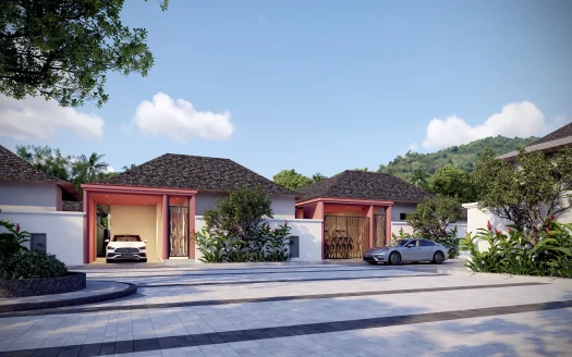 Экстерьер виллы с воротами в розовых колоннах и машинами днем