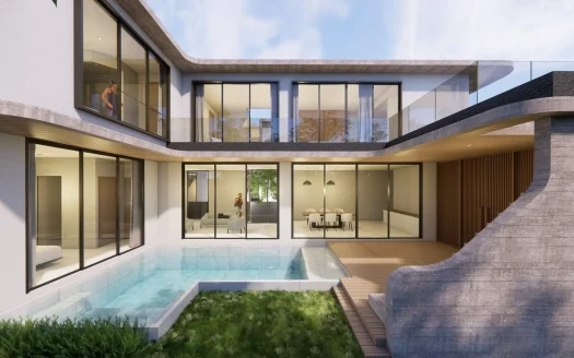 Современный двухэтажный дом со стеклянными стенами и бассейном