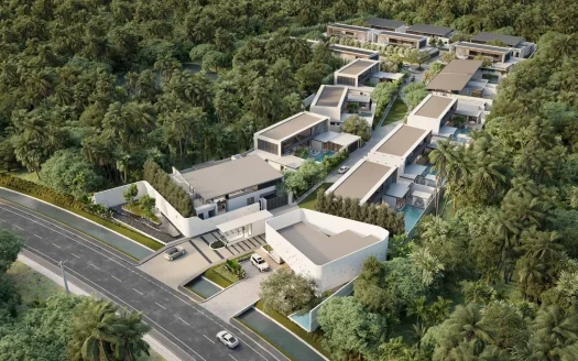 Аэрофотосъемка современного белого комплекса вилл с бассейнами