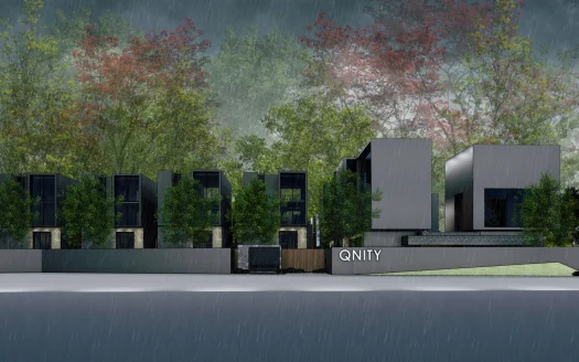 Дождливый экстерьер современного ряда домов с деревьями