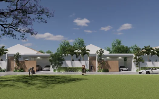 Ряд белых вилл с пальмами и огороженными подъездами