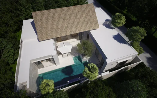 Аэроизображение современной белой виллы с бирюзовым бассейном