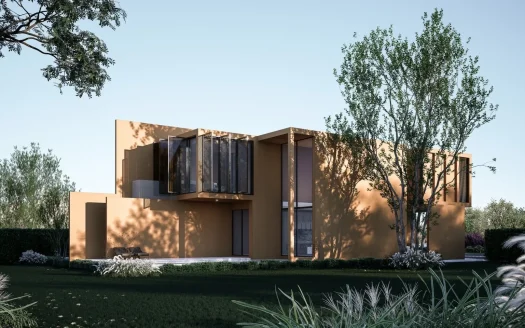 Солнечный оранжевый современный дом с плоской крышей и большими окнами