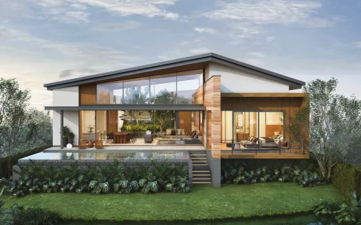 Двухэтажный современный дом с просторными стеклянными стенами и палубой у бассейна