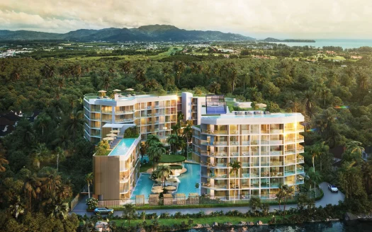 Воздушный вид на две изогнутые стеклянные башни с бассейном