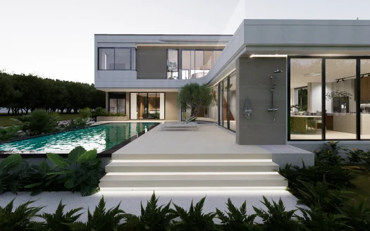 Современный фасад дома с панорамным остеклением и прямоугольным бассейном