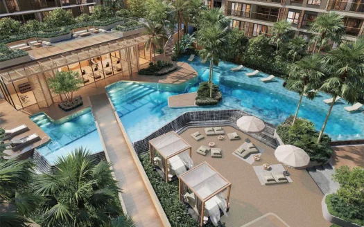 Уличный курортный бассейн с пальмами и беседками