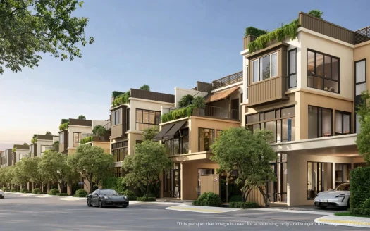 ряд современных таунхаусов вдоль улицы с деревьями днем