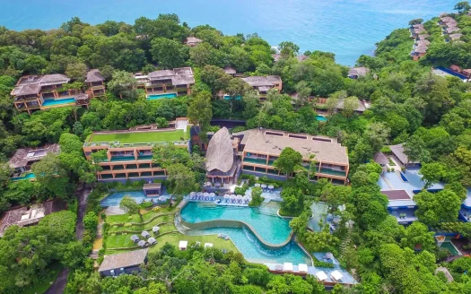 Аэросъемка лесного курорта с изогнутым бассейном