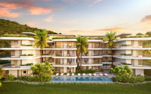 Современная белая вилла с изогнутыми балконами и пальмами у бассейна