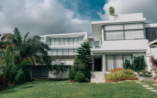 Белый современный фасад дома с большими окнами и пальмами днём