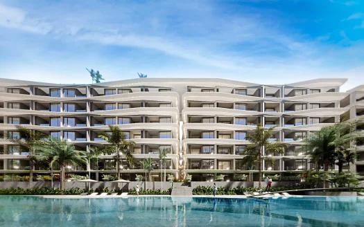 Современное белое здание с изогнутыми балконами и бассейном