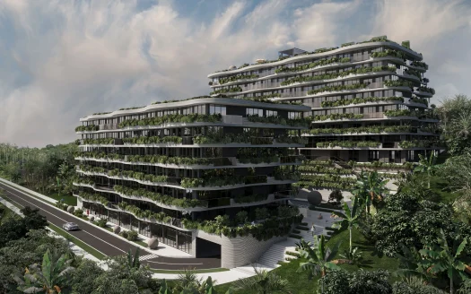 Экстерьер изогнутого здания с зелеными террасами и пышной растительностью
