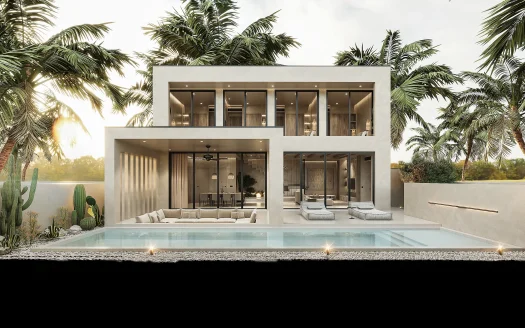 Современная двухэтажная вилла с стеклянными стенами и бассейном