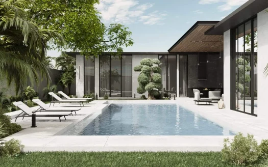 Современная вилла с прямоугольным бассейном и стеклянными стенами; шезлонги у бассейна