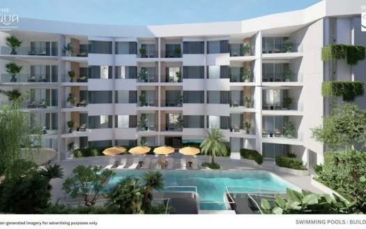 Экстерьер современного белого здания с балконами и бассейном