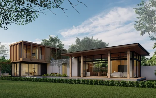 Двухэтажный современный дом с стеклянными стенами и деревянными балками