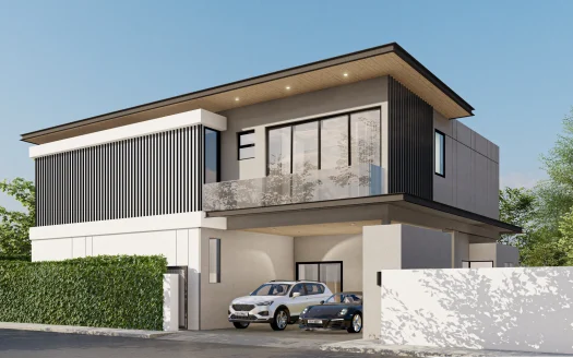 Современный двухэтажный дом с решетчатым фасадом и стеклянным балконом