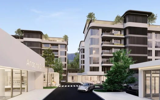 Дневной вид на современные жилые корпуса с балконами