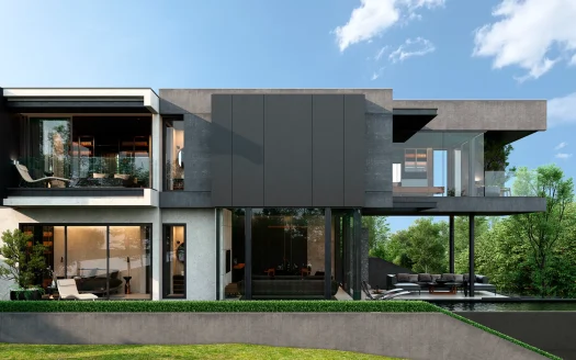 Двухэтажный современный дом с стеклянными стенами, террасой и бассейном