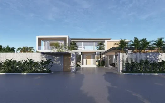 Современный фасад виллы с воротами, пальмовыми деревьями и длинной подъездной дорогой
