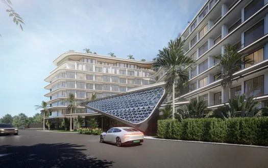 Экстерьер современного отеля с изогнутыми балконами и входной решеткой