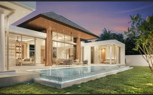 Современная вилла с панорамными стеклянными стенами и гирляндой огней