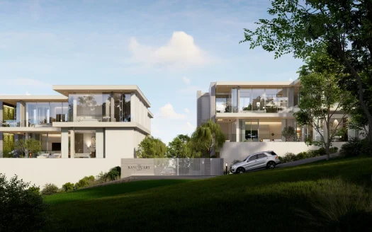 Две современные белые виллы с стеклянными стенами и балконами