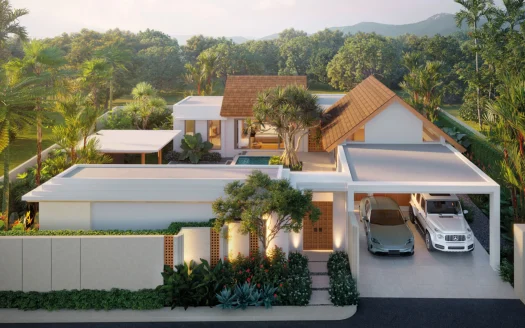 Современная белая вилла с гаражом на две машины и тропическим ландшафтом