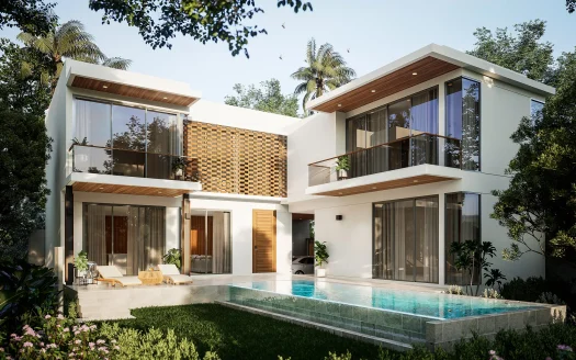 Современная белая вилла с стеклянными балконами и бассейном