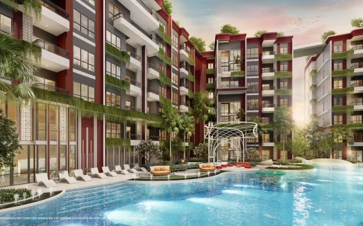 Экстерьер современного жилого комплекса с бассейном и пальмами