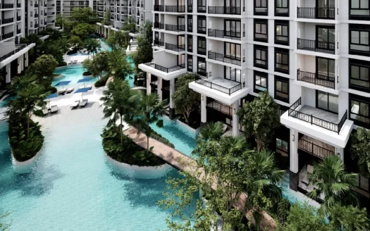 Экстерьер современных белых апартаментов с лагунным бассейном