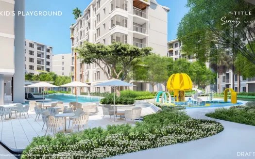 Уличная зона у бассейна с детской игровой площадкой и зонтами