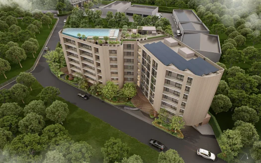 Воздушный вид на изогнутое бежевое жилое здание с бассейном на крыше