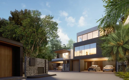 Двухэтажный современный дом со стеклянными стенами и гаражами