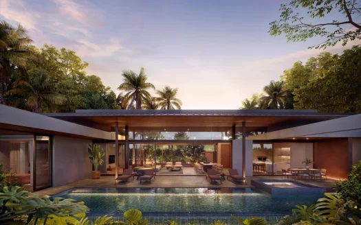 Открытая планировка виллы с стеклянными стенами вокруг центрального бассейна в сумерках