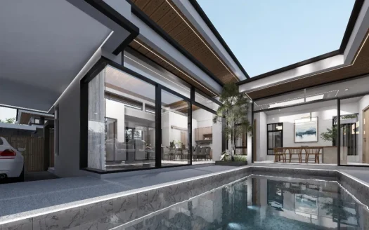 Современный дворик с стеклянными стенами и прямоугольным бассейном