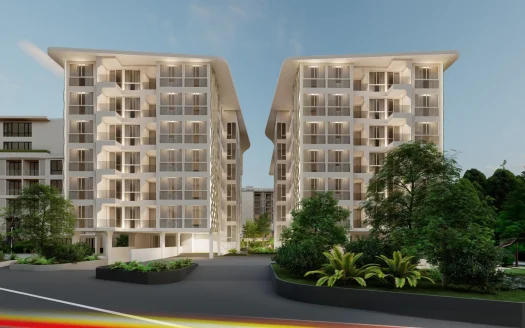 Две белые современные жилые башни, соединённые центральным воздушным мостом