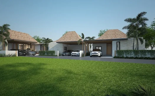 Три одноэтажных дома с соломенной крышей и припаркованными автомобилями