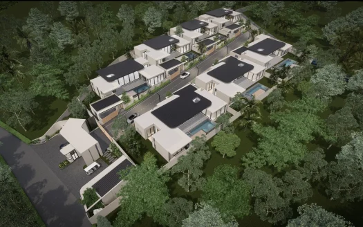 Аэровид на современную жилую улицу среди деревьев с частными бассейнами