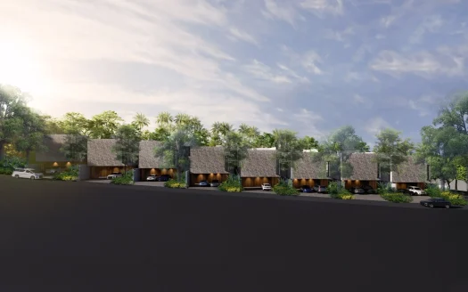 Ряд современных таунхаусов с каменными фасадами и навесами для автомобилей на закате