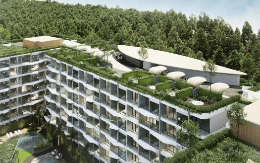 Современный стеклянный фасад с многоярусными балконами и крышными садами