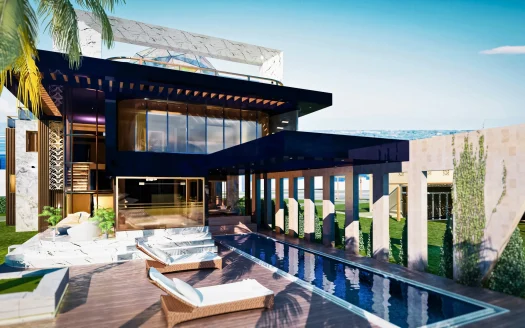 Современный дом со стеклянными стенами, бассейн и деревянная терраса